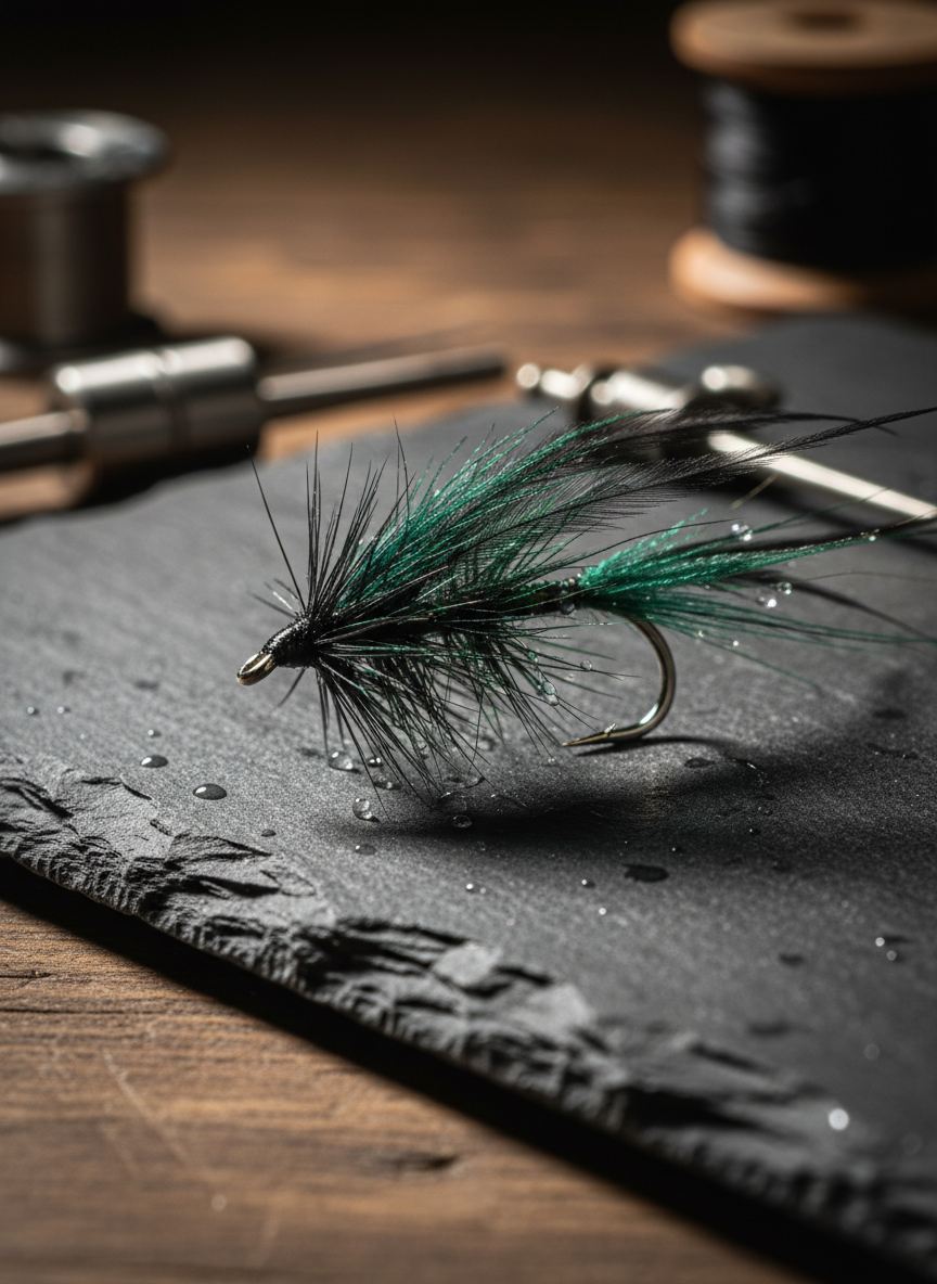 A dramatic close-up of a single hand-tied streamer fly resting on a rough, dark slate surface, created in photographic realism. The fly features a sleek black and deep emerald body with subtle flash strands and a sharp, silver hook glinting under the light. Tiny water droplets cling to the fibers, enhancing the texture. The lighting is low and directional from one side, carving out rich shadows and delicate highlights, creating a cinematic, almost noir feel. The background falls into a velvety blur of indistinct fly-tying tools and a hint of a wooden fly shop counter. Shot with an extreme macro lens and shallow depth of field, the mood is bold, precise, and obsessively detailed.